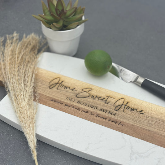 Personalized White Marble Acacia Cutting Board